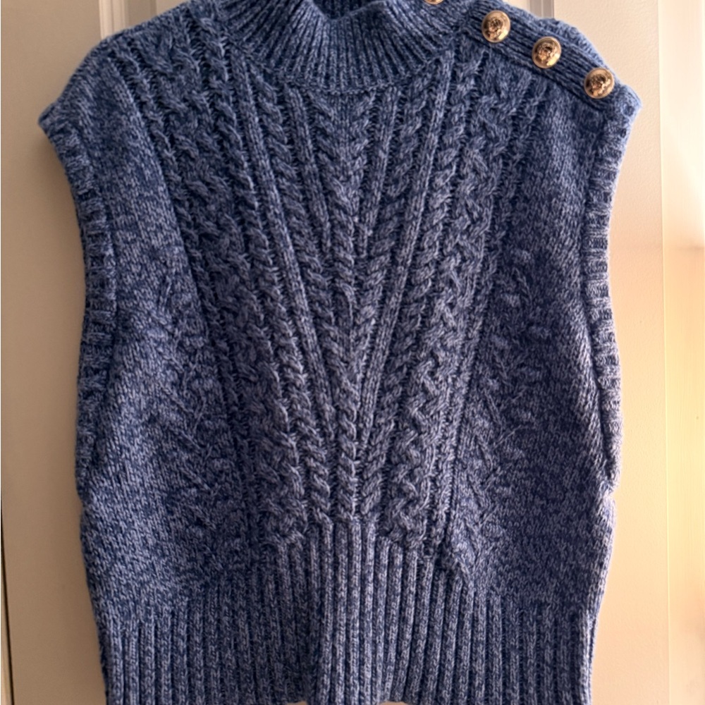 Talbots Blue Cable Knit Turtleneck Sweater with Button Accents
